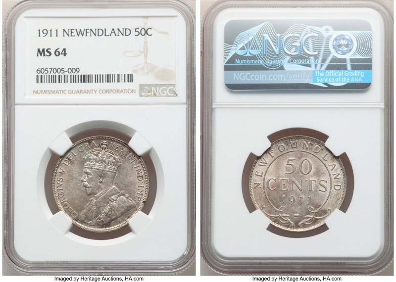 Newfoundland. George V 50 Cents 1911 MS64 NGC, Ottawa mint, KM12. Pastel pomegra...