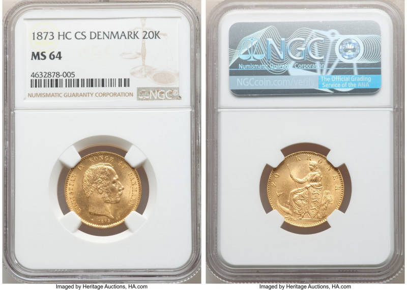 Christian IX gold 20 Kroner 1873 (h)-CS MS64 NGC, Copenhagen mint, KM791.1. AGW ...