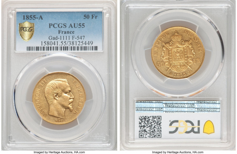 Napoleon III gold 50 Francs 1855-A AU55 PCGS, Paris mint, KM785.1, Fr-572. AGW 0...