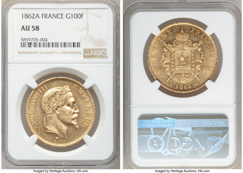 Napoleon III gold 100 Francs 1862-A AU58 NGC, Paris mint, KM802.1, Fr-551, Gad-1...