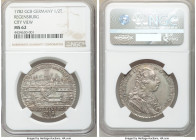 Regensburg. Free City 1/2 Taler 1782-GCB MS62 NGC, KM444. With name and title of Joseph II. Flashy surfaces with lilac & gray toning. 

HID098012420...