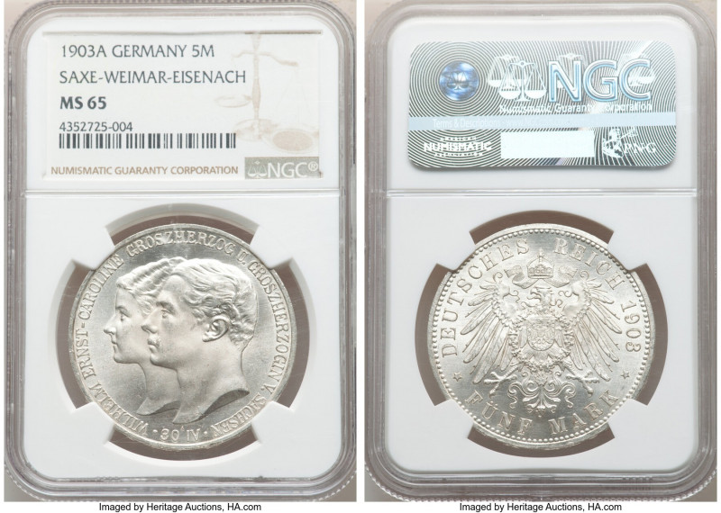 Saxe-Weimar-Eisenach. Wilhelm Ernst 5 Mark 1903-A MS65 NGC, Berlin mint, KM218. ...