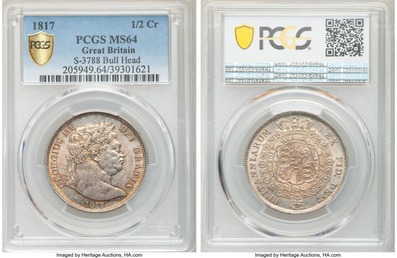 George III "Large Bust" 1/2 Crown 1817 MS64 PCGS, KM667, S-3788. Bull head type....