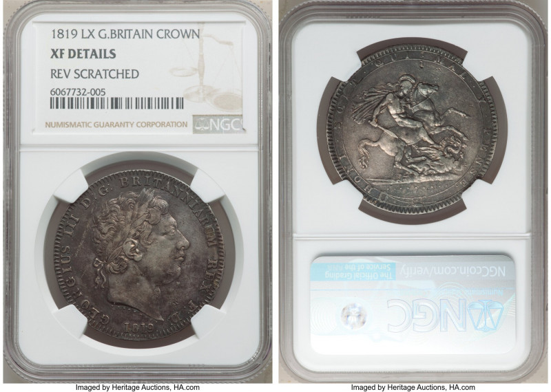 George III Crown 1819-LX XF Details (Reverse Scratched) NGC, KM675, S-3787. Char...