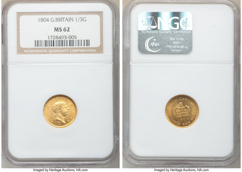 George III gold 1/3 Guinea 1804 MS62 NGC, KM650. Bold strike, generous reflectiv...