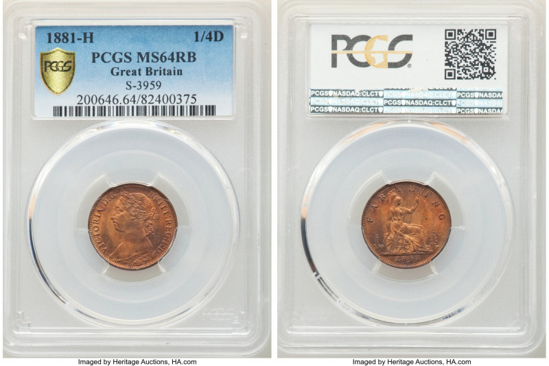 Victoria Farthing 1881-H MS64 Red and Brown PCGS, Heaton mint, KM753, S-3959.
...