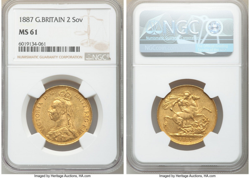 Victoria gold 2 Pounds 1887 MS61 NGC, KM768, S-3865. Jubilee head, one year type...