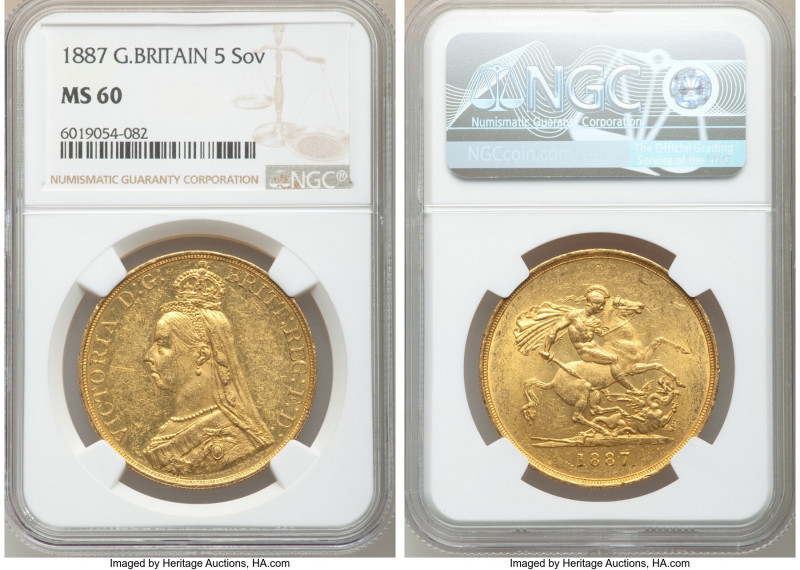 Victoria gold 5 Pounds 1887 MS60 NGC, KM769, S-3864. Jubilee head, one year type...