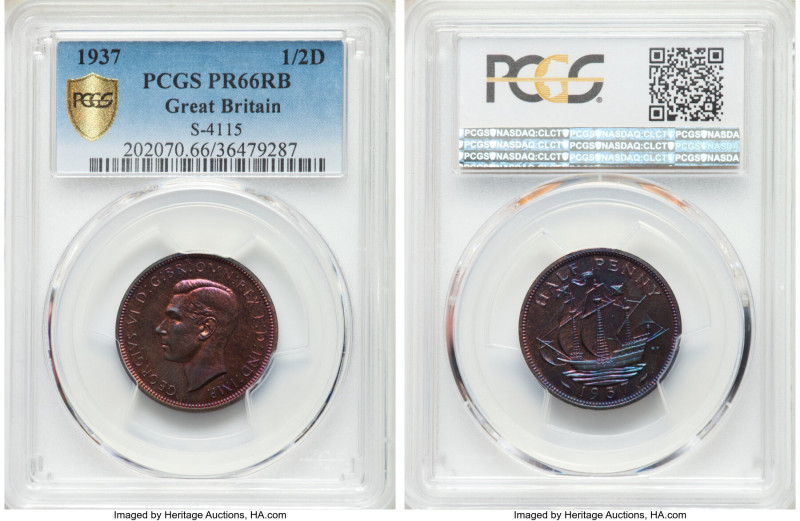 George VI Proof 1/2 Penny 1937 PR66 Red and Brown PCGS, KM844, S-4115. Cyan and ...