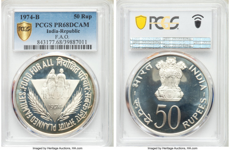 Republic Proof 50 Rupees 1974-B PR68 Deep Cameo PCGS, Bombay mint, KM255. Nearly...