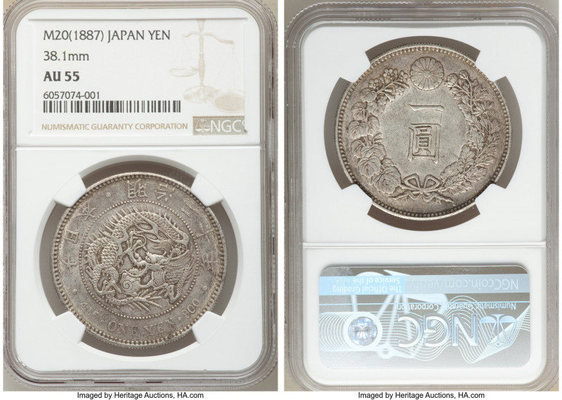 Meiji Yen Year 20 (1887) AU55 NGC, KM-YA25.3. 38.1mm variety. Steel gray toning....