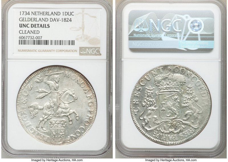 Gelderland. Provincial Silver Ducat 1734-Knight UNC Details (Cleaned) NGC, KM38....