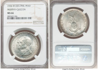 USA Administration "Murphy-Quezon" Peso 1936-M MS66 NGC, Manila mint, KM178. Mintage: 10,000. Murphy-Quezon - Establishment of the Commonwealth. 

H...