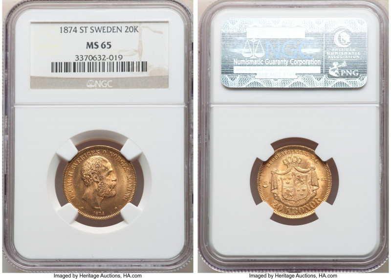 Oscar II gold 20 Kronor 1874-ST MS65 NGC, KM733. Bright luster. AGW 0.2593 oz. ...