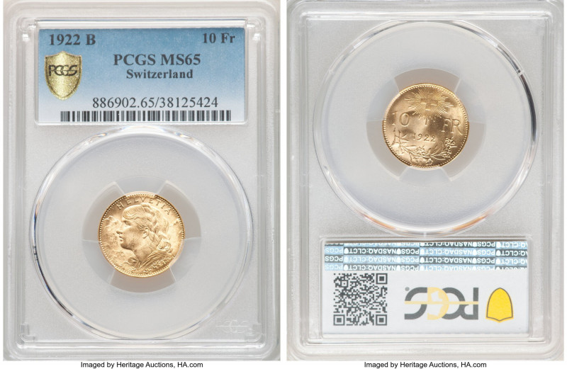 Confederation gold 10 Francs 1922-B MS65 PCGS, Bern mint, KM36. Satin texture, g...