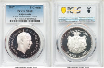Peter II silver Specimen Essai Crown 1967 SP68 PCGS, Franklin mint, KM-XE3. Fineness 0.9990. Obverse with a sheer veil of concord grape and blue tonin...