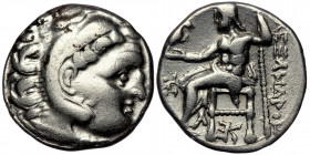Kingdom of Macedon, Antigonos I Monophthalmos Kolophon, circa 319-310 BC. AR Drachm. 
In the name and types of Alexander III. 
Head of Herakles to rig...