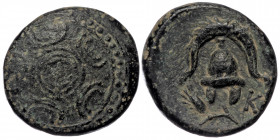 KINGS OF MACEDON. Alexander III 'the Great' (336-323 BC). AE16 Unit. Uncertain mint in Asia.
Obv: Macedonian shield; on boss, head of Herakles facing ...