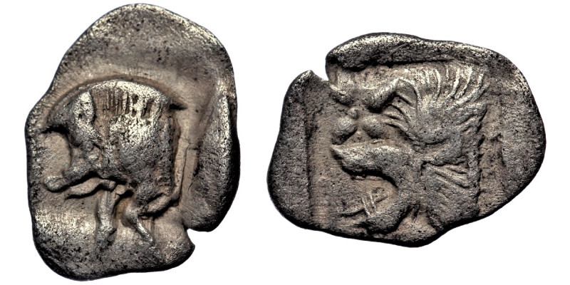 MYSIA, Kyzikos. (ca 450-400 BC) AR Hemiobol 
Forepart of boar left; to right, tu...