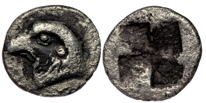 Aeolis, Kyme (c. 480-450 BC), AR Obol. 
Eagle's head left,
Rev: Quadripartite in...