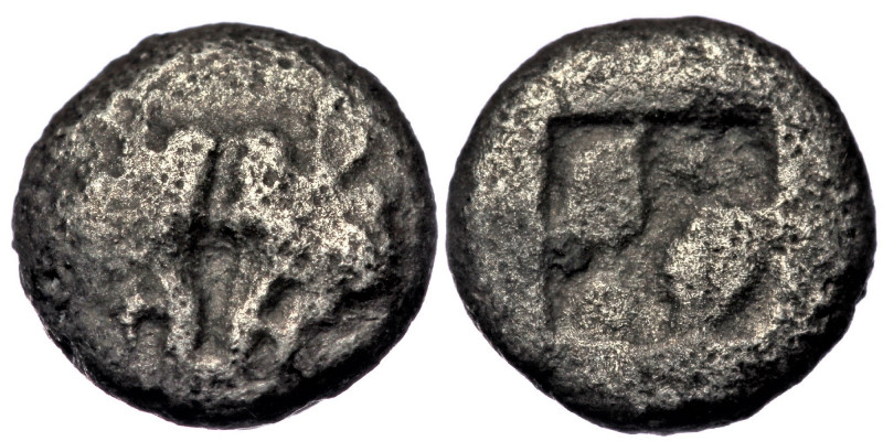 LESBOS, Unattributed early mint. Circa 500-450 BC. AR Diobol 
Confronted boars’ ...