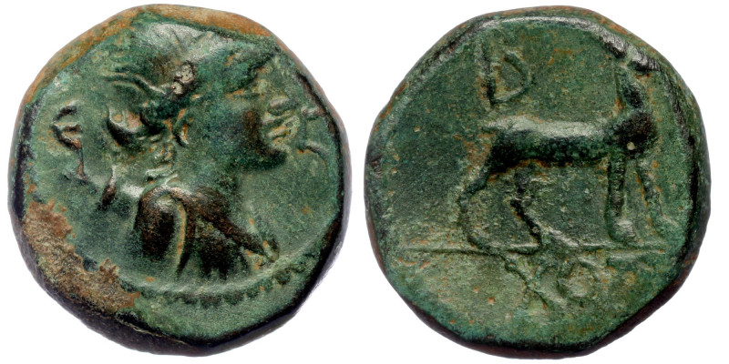 KINGS OF GALATIA. Amyntas, 39-25 BC. AE
 E-Ϛ / Draped bust of Artemis right, bow...