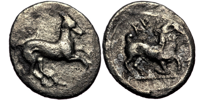 CILICIA, Kelenderis (3rd century BC) AR Obol 
Horse rearing right
Rev: KE - Goat...