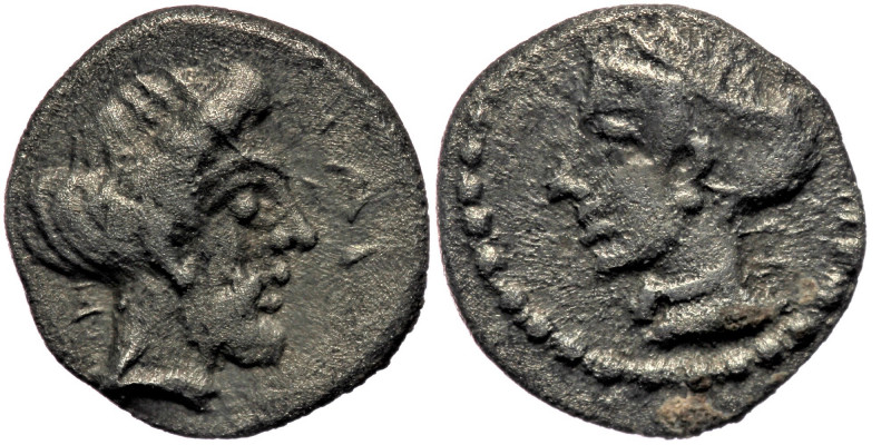 Cilicia, Nagidos AR Obol (ca 400-380 BC) 
Bearded head of Dionysos to right; NAΓ...