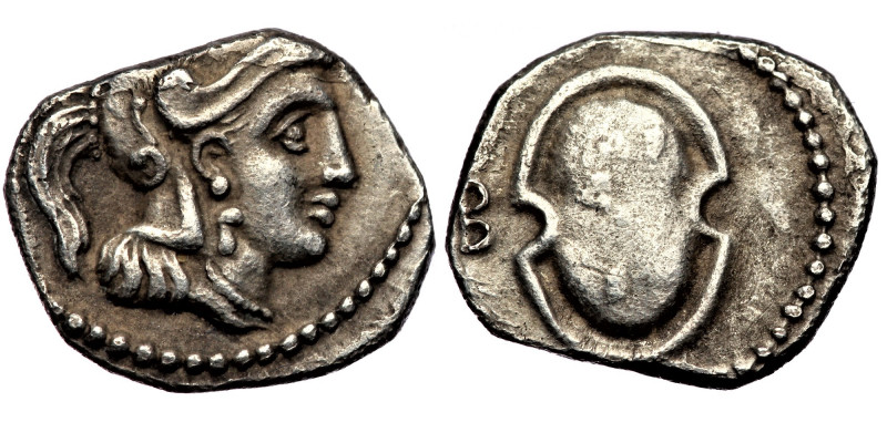 Cilicia, persian Satrap Balakros 333-323 BC, AR obol, Tarsos Mint
Helmeted head ...