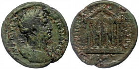 IONIA. Smyrna. Hadrian (117-138). AE
ΑΥ ΚΑΙ ΤΡΑ ΑΔΡΙΑΝΟϹ ϹΕ; laureate and cuirassed bust of Hadrian right.
Rev: ϹΤΕ ΠΟΜ ϹΕΞϹΤΟΥ ΖΜΥΡ; hexastyle temple...