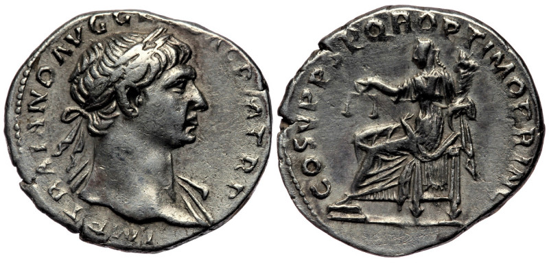 Trajan AD 103-111 AR Denarius. Rome. 
IMP TRAIANO AVG GER DAC P M TR P, laureate...