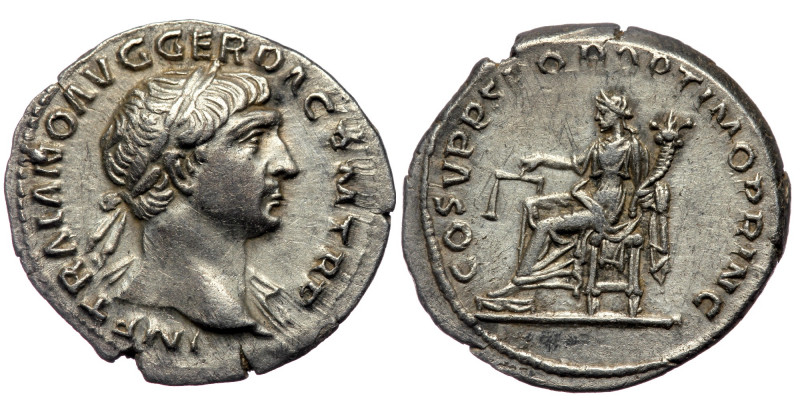 TRAJAN (98-117) AR Denarius, Rome, struck 108 
IMP TRAIANO AVG GER DAC P M TR P ...