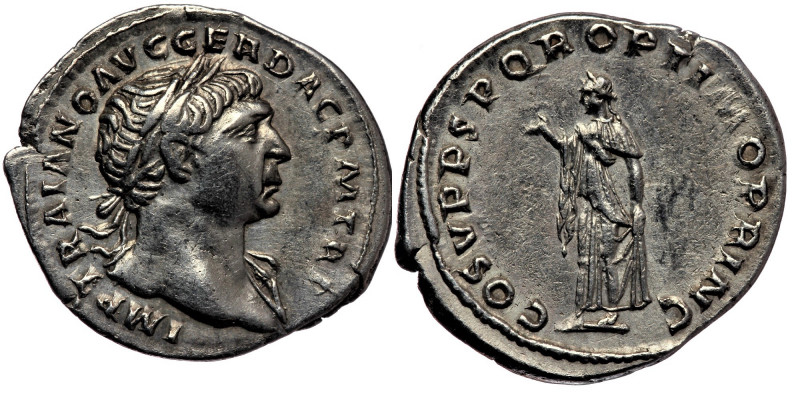 Trajan (AD 98-117). AR denarius (19mm, 7h).Rome. 
IMP TRAIANO AVG GER DAC P M TR...