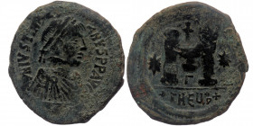 Justinian I (527-565) AE32 Follis, Theoupolis (Antioch) mint, 3rd officina. Struck 533-537. 
DN IVSTINIANVS PP AVG - Pearl-diademed, draped, and cuira...