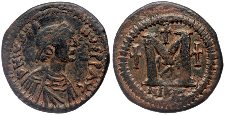 Justinian I. AD 527-565. Nikomedia Follis. AE
D N IVSTINIANVS P AVG, pearl diade...