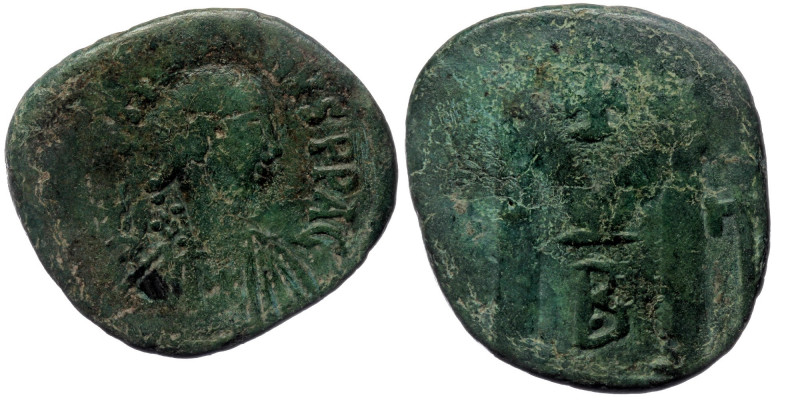 Justinianus I (527-565) AE27 Follis, Constantinople, 527 
D N IVSTINIANVS PP AVG...