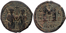 Justin II (565-578) AE31 follis Antioch mint, dated A.D. 571/2. 
D N IVSTINVS PP AV (or similar) - Justin II and Sophia seated on throne facing, both ...