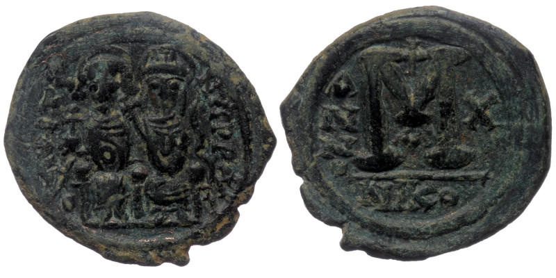 Justin II (565-578), with Sophia AE30 follis, Nicomediaqq, 1st officina, Regnal ...