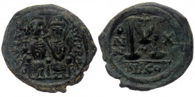 Justin II (565-578), with Sophia AE30 follis, Nicomediaqq, 1st officina, Regnal Year 10 (AD 574/5). D N IVSTI-NVS PP AV, Justin II (on left), nimbate,...