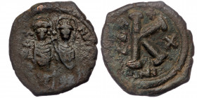 Justin II with Sophia, 565 - 578 AD AE half follis Nicomedia mint
Justin on left and Sophia on right, seated facing on double throne, Justin holds a g...
