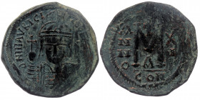 Maurice Tiberius (582-602) AE29 Follis, Constantinople, 592-593. 
DN MAVRICI TIbER [PP AVG] - helmeted and cuirassed facing bust, holding globus cruci...