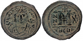 Maurice Tiberius (AD 582–602) AE follis (12.35 gm). Theoupolis (Antioch), AD 592/3. 
(grabled legend) - Crowned bust of Maurice facing, wearing consul...
