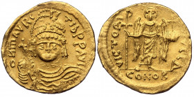 Maurice Tiberius (AD 582-602). AV Solidus. Constantinople, 4th officina. 
o N mAVRC-TIb PP AVG, draped and cuirassed bust of Maurice Tiberius facing, ...