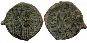 Phocas (602-610)AE Half Follis Theoupolis (Antioch) mint. Dated RY 3 (AD 604/5). 
[F]OCA NE PE VA - Phocas and Leontia standing facing; cross above 
R...