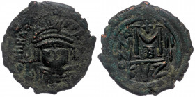 Heraclius (610-641) Dated RY3 = 612-613. Cyzicus. 1st officina
AE Follis 
D N hPACli PERP AVG - helmeted, diademed, and cuirassed facing bust, holding...