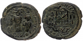HERACLIUS with HERACLIUS CONSTANTINE (610-641) AE Follis. Cyzicus. Dated RY 3 (612/3, restriked on earlier Justin II and Sophia issue
δδ NN ҺЄRACLIЧS ...