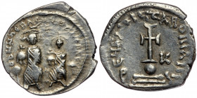 Heraclius, with Heraclius Constantine. AD 610-641. Constantinople. Hexagram AR
Heraclius on left and Heraclius Constantine on right, seated facing on ...