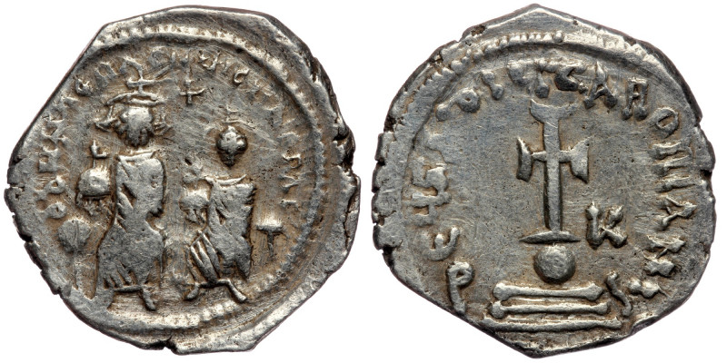 Heraclius, with Heraclius Constantine. AD 610-641. Constantinople. Hexagram AR
H...