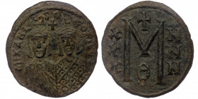Michael II the Amorian (AD 821-829), with Theophilus. AE follis or 40 nummi Constantinople. 
mIXAHL-S Θ-ЄOFILOS, crowned facing busts of Michael II an...
