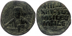ANONYMOUS, Class A3. Time of Basil II (976-1035) AE30 Follis, Constantinople mint. 
+[EMMA NO]VHΛ, IC-XC across field, facing bust of Christ, raising ...